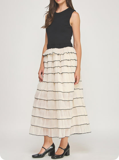 BLACK RIBBED KNIT TEXTURED TOP WITH IVORY CONTRAST MARROW STITCH RUFFLED MIDI DRESS