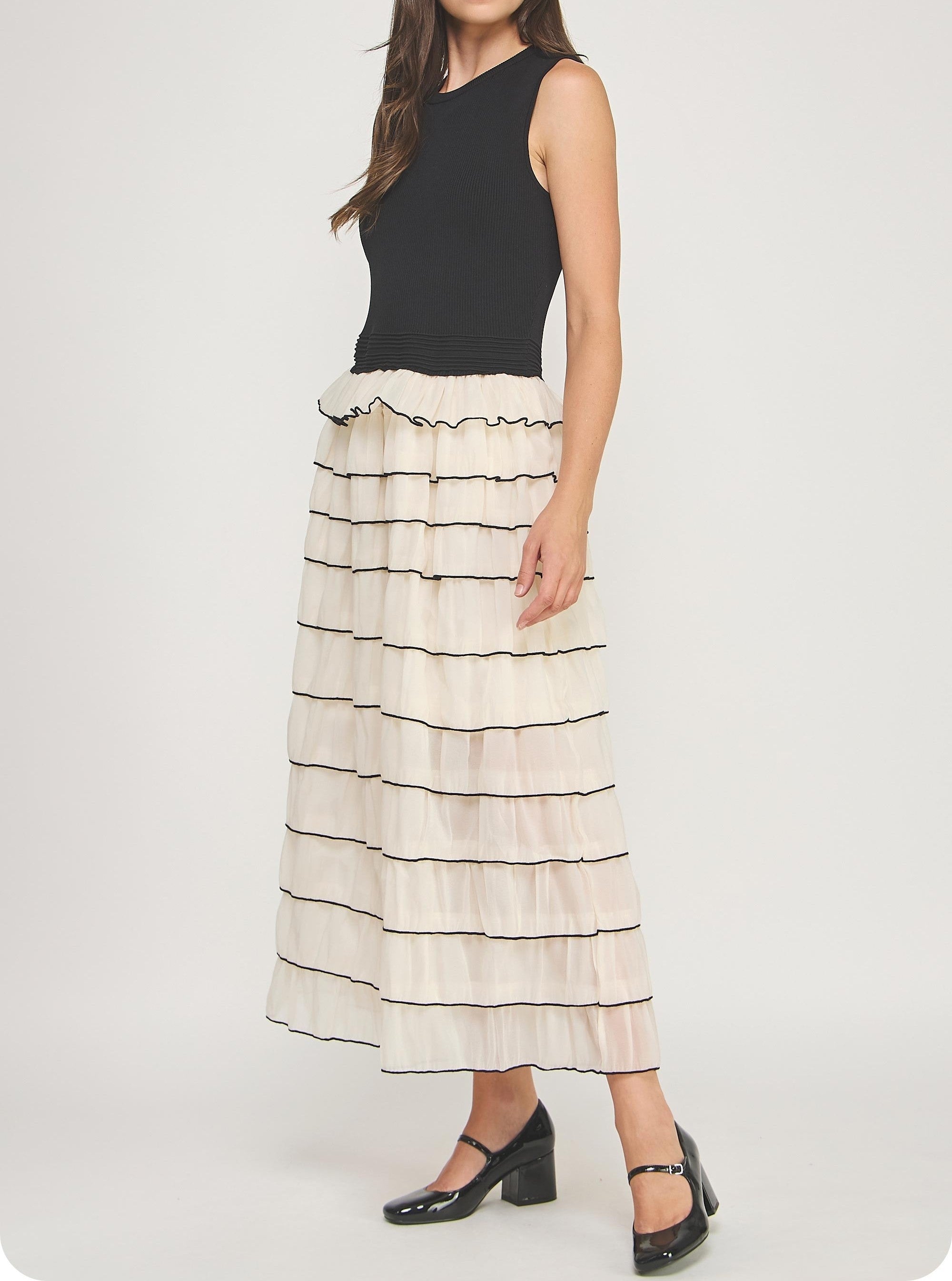 BLACK RIBBED KNIT TEXTURED TOP WITH IVORY CONTRAST MARROW STITCH RUFFLED MIDI DRESS