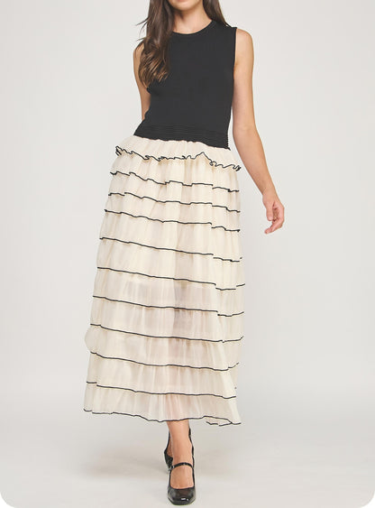 BLACK RIBBED KNIT TEXTURED TOP WITH IVORY CONTRAST MARROW STITCH RUFFLED MIDI DRESS