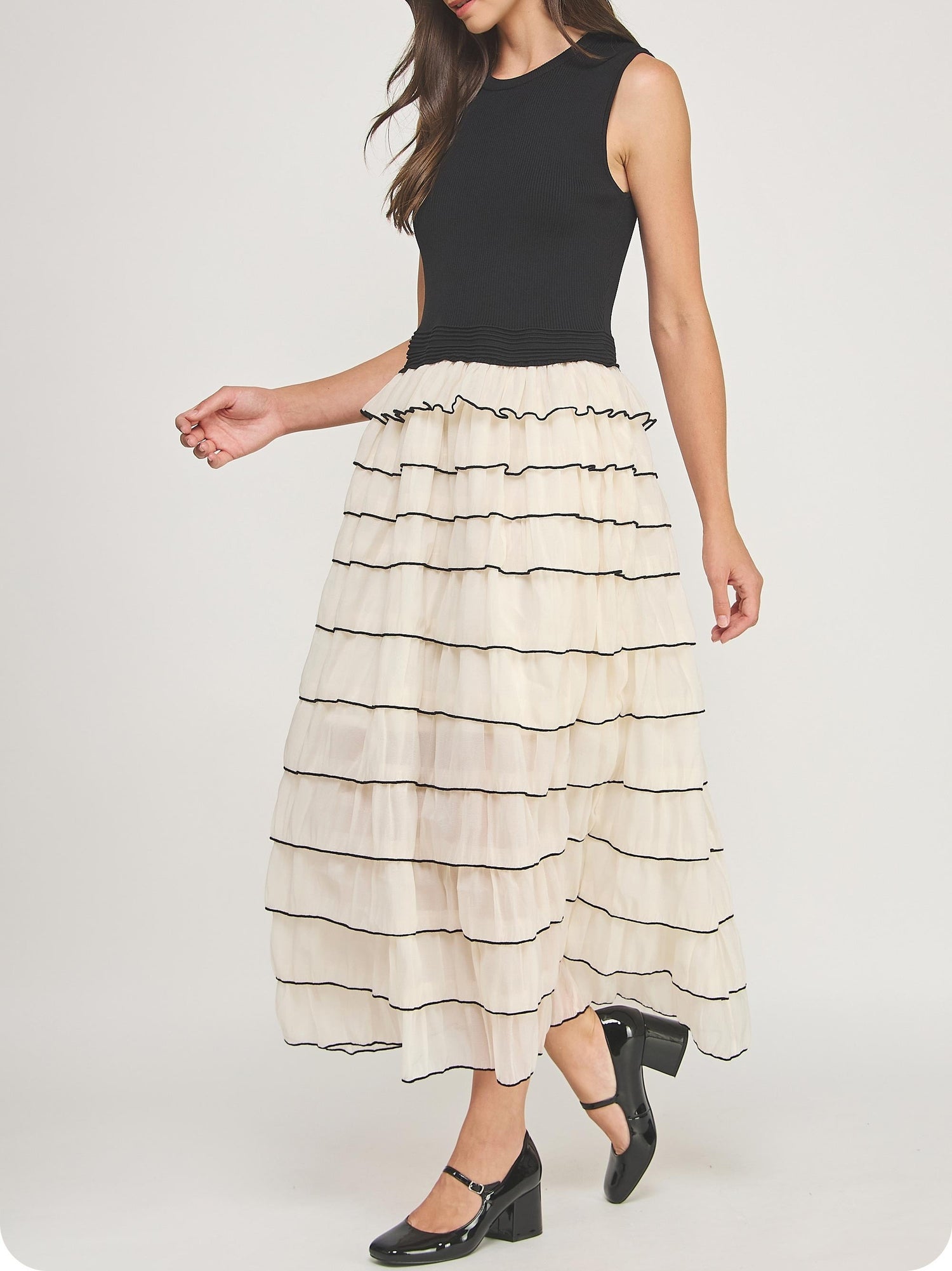 BLACK RIBBED KNIT TEXTURED TOP WITH IVORY CONTRAST MARROW STITCH RUFFLED MIDI DRESS