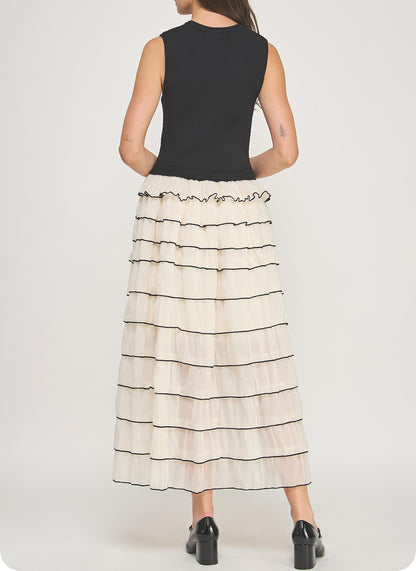 BLACK RIBBED KNIT TEXTURED TOP WITH IVORY CONTRAST MARROW STITCH RUFFLED MIDI DRESS