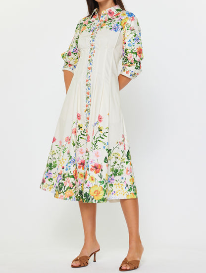 CREAM MULTI FLORAL PRINT 3/4 SLEEVE BUTTON DOWN MIDI DRESS