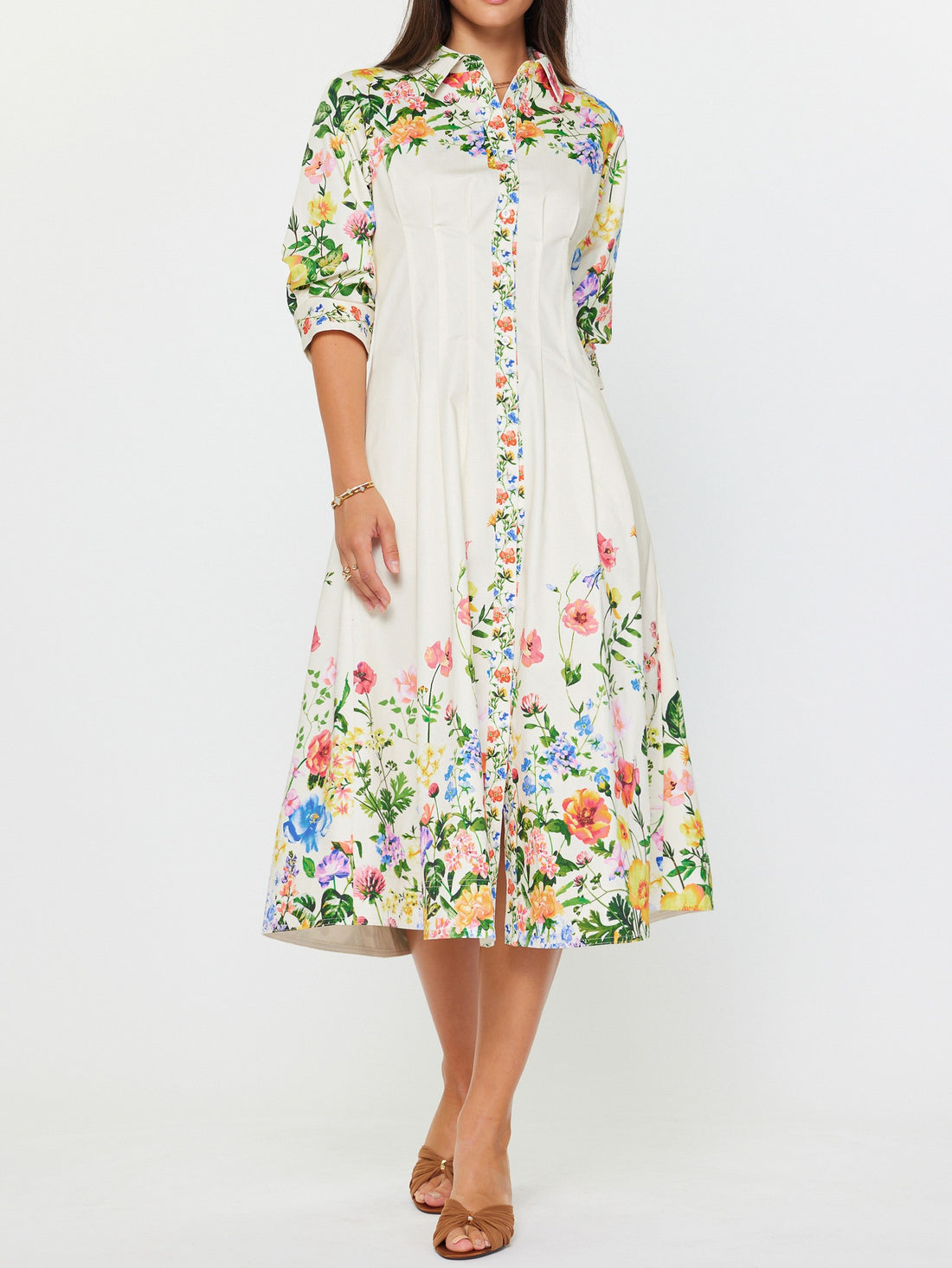 CREAM MULTI FLORAL PRINT 3/4 SLEEVE BUTTON DOWN MIDI DRESS