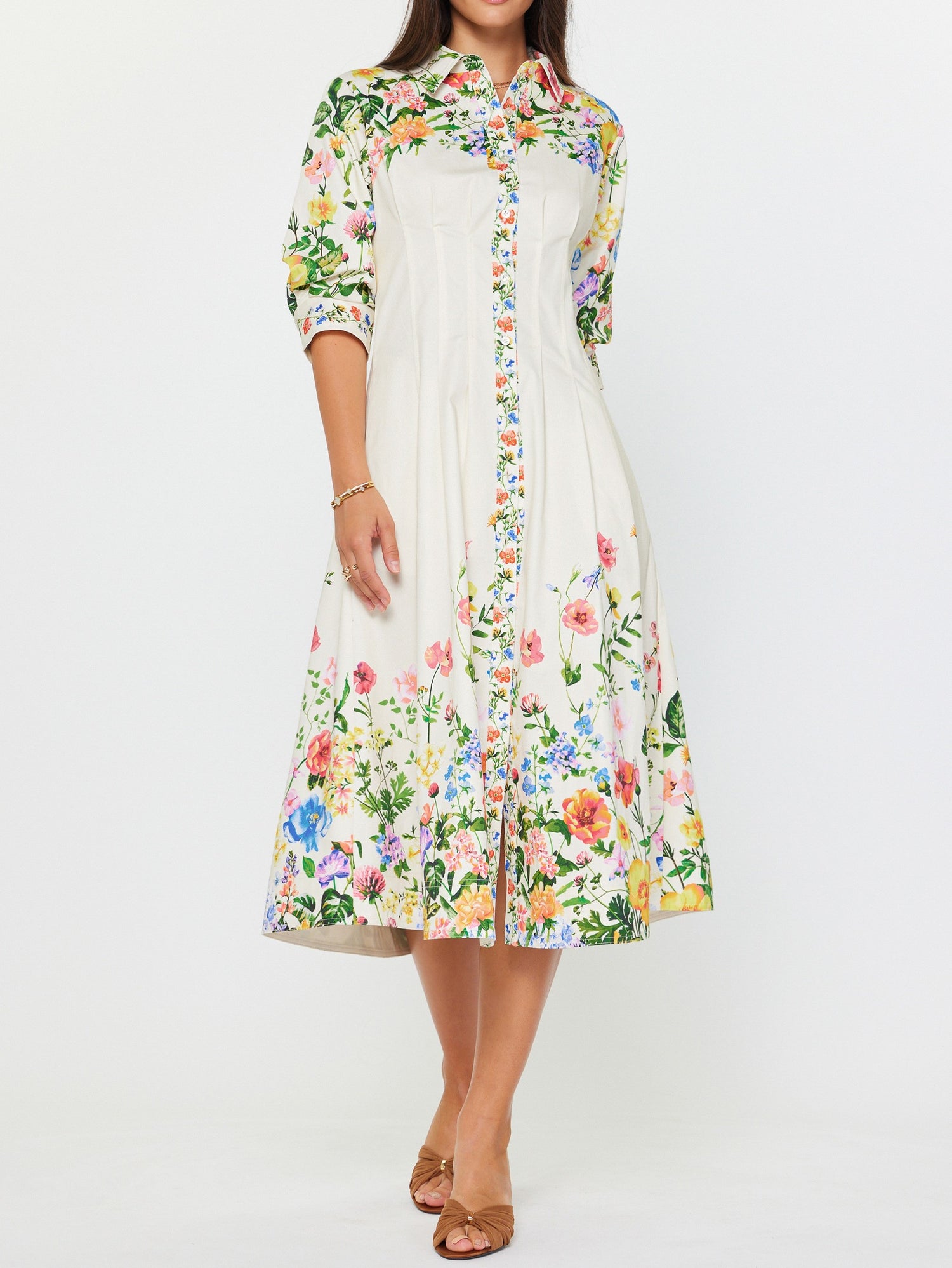 CREAM MULTI FLORAL PRINT 3/4 SLEEVE BUTTON DOWN MIDI DRESS