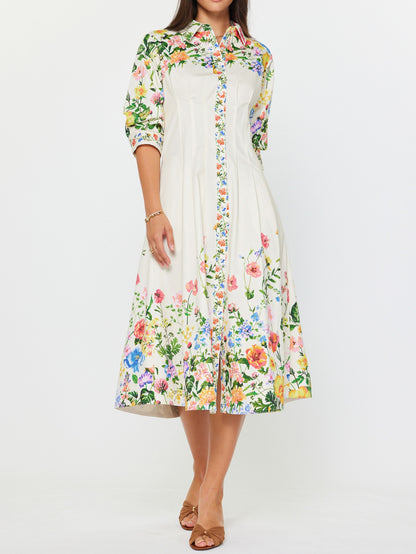 CREAM MULTI FLORAL PRINT 3/4 SLEEVE BUTTON DOWN MIDI DRESS