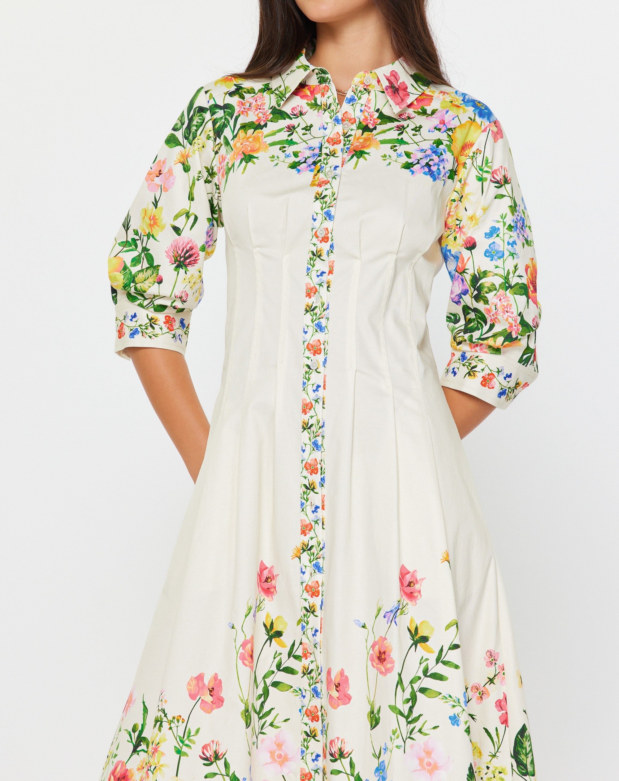 CREAM MULTI FLORAL PRINT 3/4 SLEEVE BUTTON DOWN MIDI DRESS