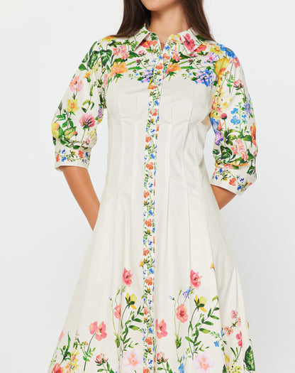 CREAM MULTI FLORAL PRINT 3/4 SLEEVE BUTTON DOWN MIDI DRESS