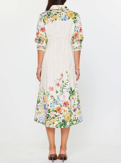 CREAM MULTI FLORAL PRINT 3/4 SLEEVE BUTTON DOWN MIDI DRESS