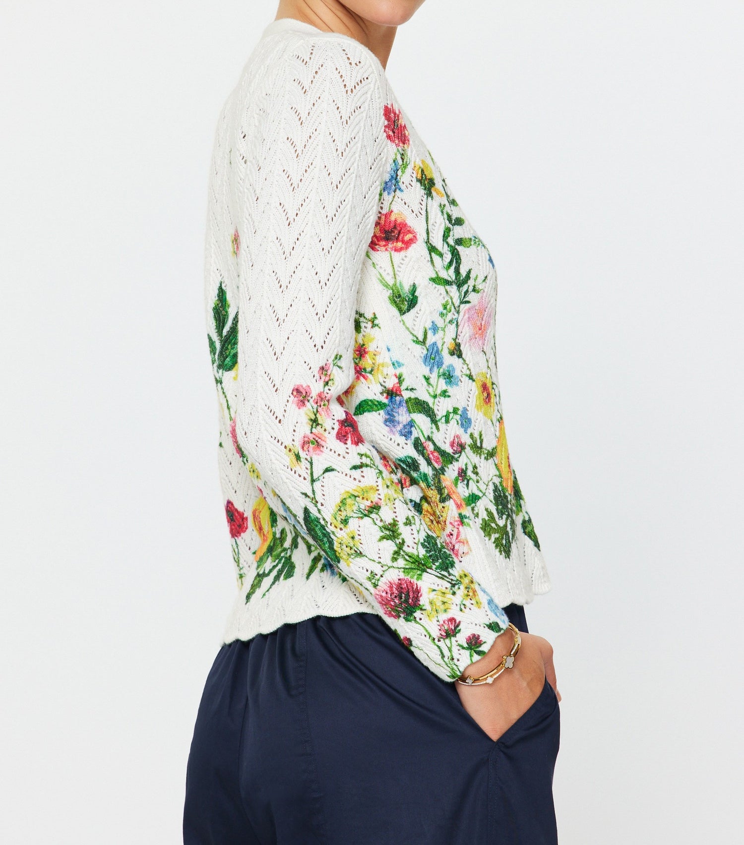 CREAM MULTI FLORAL PRINT LONG SLEEVE COTTON SWEATER CARDIGAN