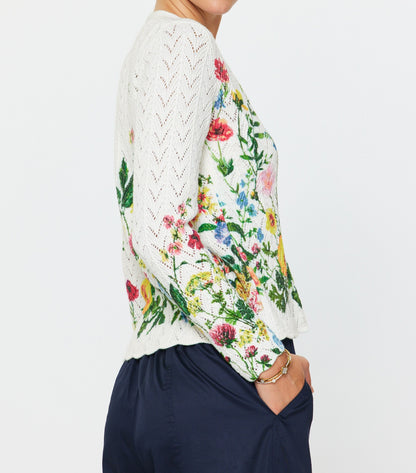 CREAM MULTI FLORAL PRINT LONG SLEEVE COTTON SWEATER CARDIGAN