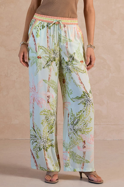 SEAFOAM TROPICAL PRINT LONG WIDE LEG ELASTIC WAISTBAND PANTS