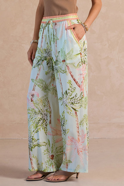 SEAFOAM TROPICAL PRINT LONG WIDE LEG ELASTIC WAISTBAND PANTS
