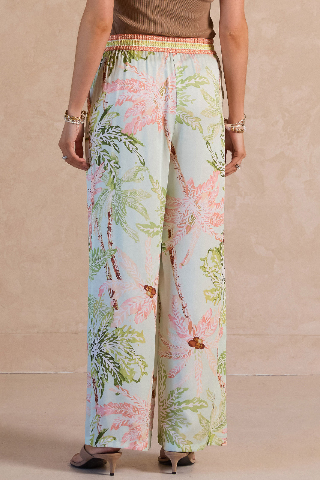 SEAFOAM TROPICAL PRINT LONG WIDE LEG ELASTIC WAISTBAND PANTS