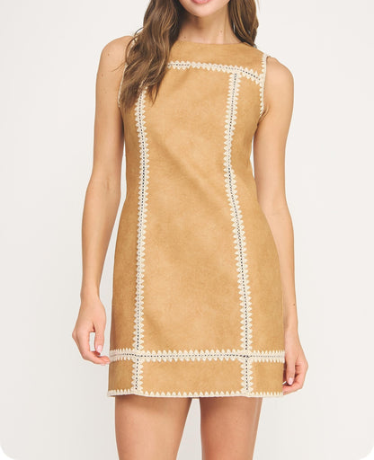 SAND WHIPSTITCH EMBROIDERY CROCHET DETAIL FAUX SUEDE LEATHER MINI DRESS