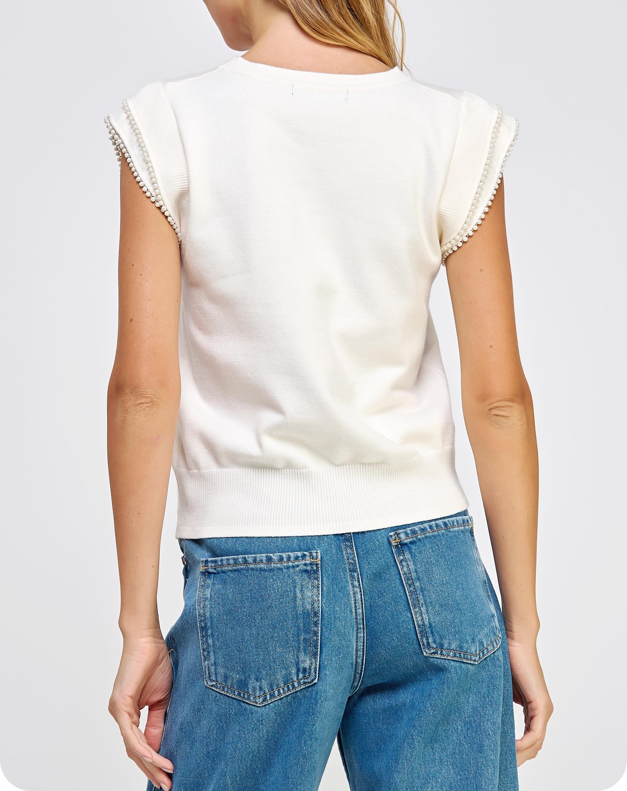 IVORY PEARL TRIM SLEEVELESS SWEATER TOP