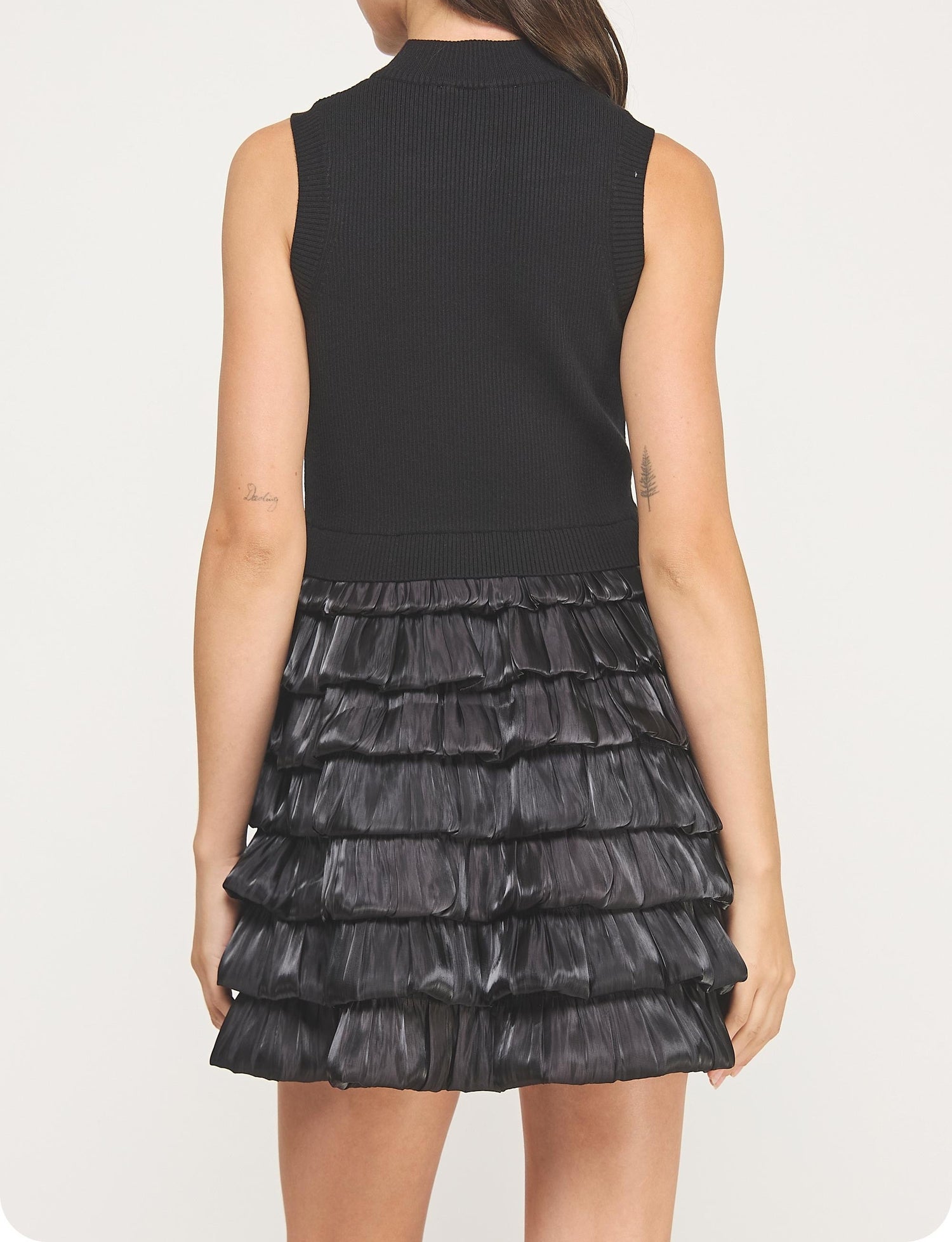 BLACK SLEEVELESS MOCK NECK MIXED MEDIA TIERED BUBBLE SKIRT MINI DRESS