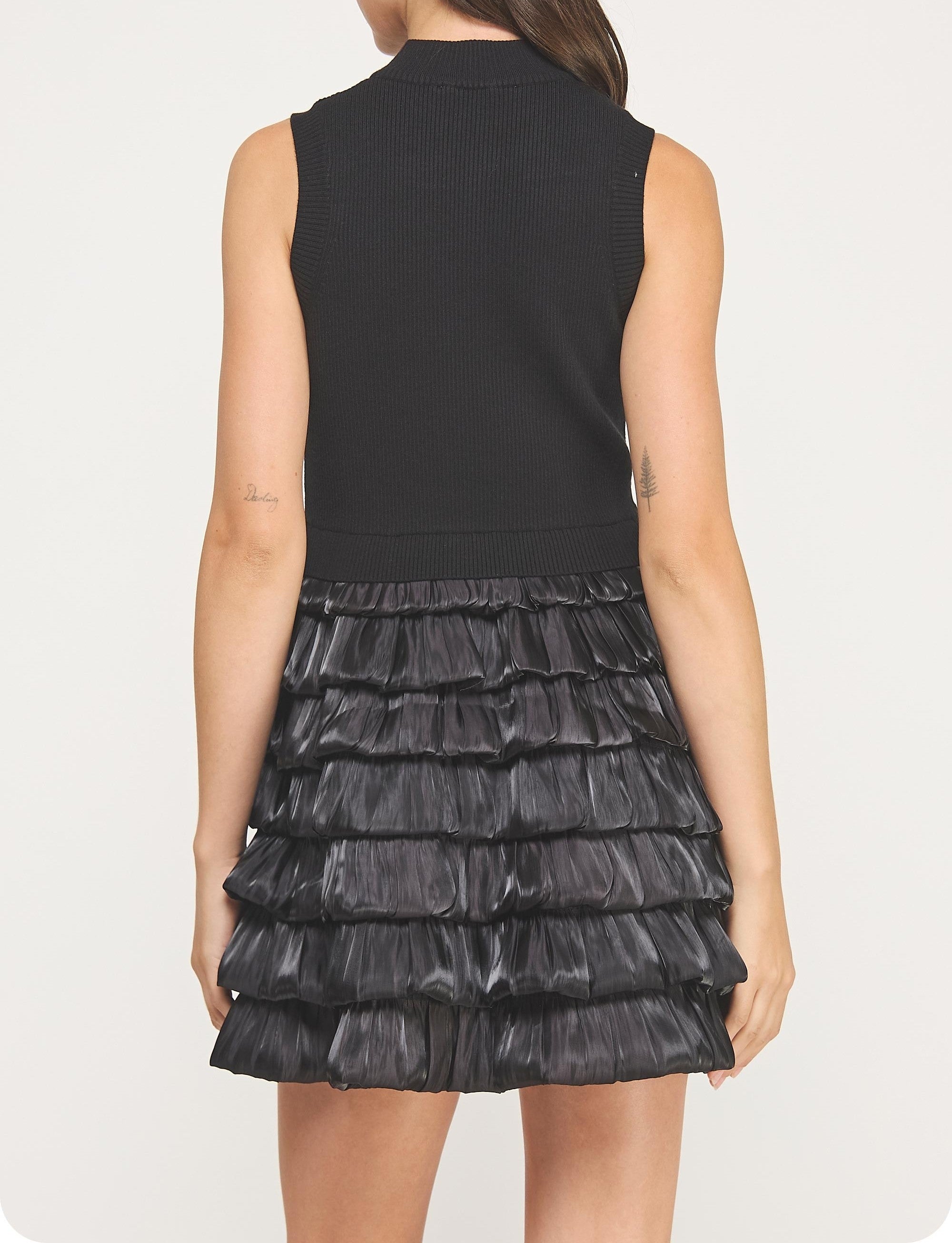 BLACK SLEEVELESS MOCK NECK MIXED MEDIA TIERED BUBBLE SKIRT MINI DRESS