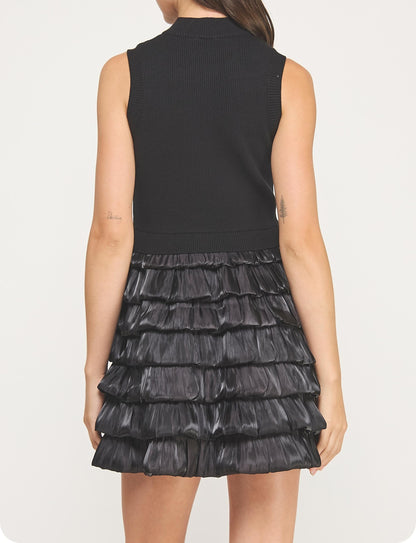 BLACK SLEEVELESS MOCK NECK MIXED MEDIA TIERED BUBBLE SKIRT MINI DRESS