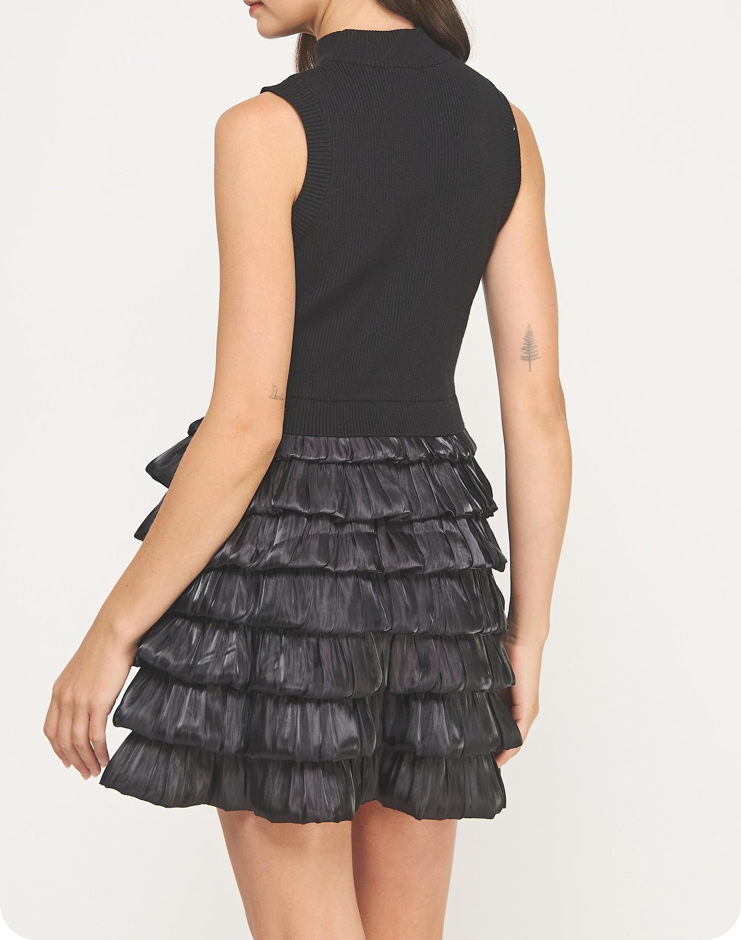 BLACK SLEEVELESS MOCK NECK MIXED MEDIA TIERED BUBBLE SKIRT MINI DRESS