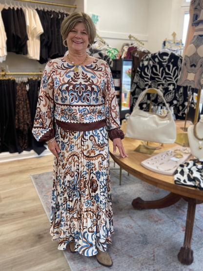 IVORY/BROWN/BLUE BORDER BOHO PRINT BLOUSE