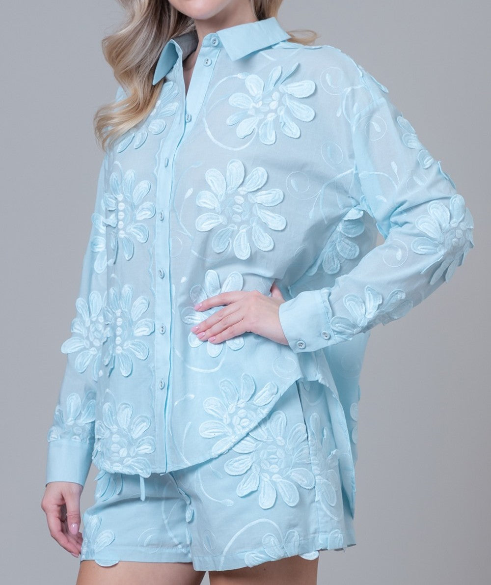 SKY BLUE 3DFLORAL APPLIQUE LONG SLEEVE SHIRT AND SHORT SET