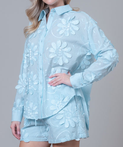 SKY BLUE 3DFLORAL APPLIQUE LONG SLEEVE SHIRT AND SHORT SET