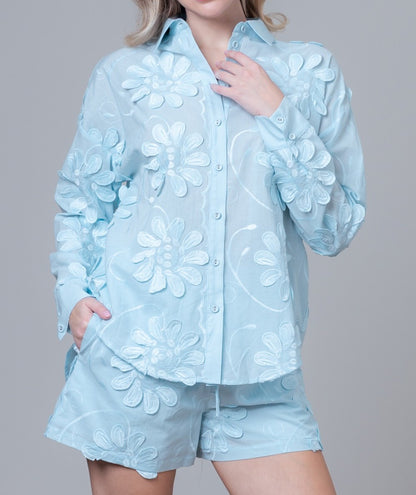 SKY BLUE 3DFLORAL APPLIQUE LONG SLEEVE SHIRT AND SHORT SET