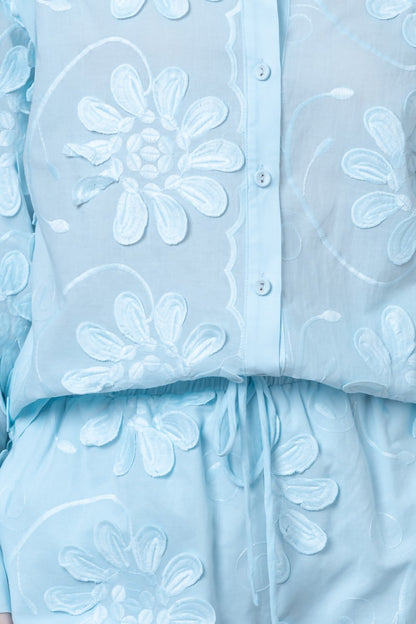 SKY BLUE 3DFLORAL APPLIQUE LONG SLEEVE SHIRT AND SHORT SET