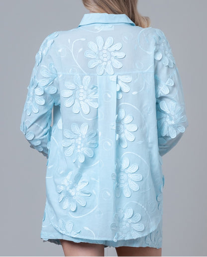 SKY BLUE 3DFLORAL APPLIQUE LONG SLEEVE SHIRT AND SHORT SET