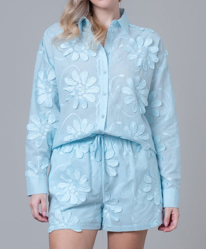 SKY BLUE 3DFLORAL APPLIQUE LONG SLEEVE SHIRT AND SHORT SET