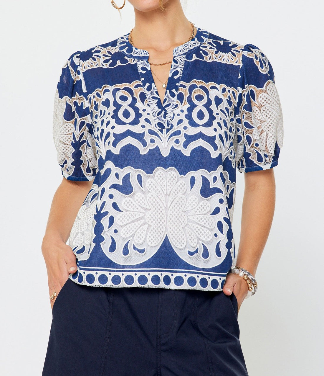 DEEP COBALT/WHITE LACE FLORAL EMBROIDERY SHORT PUFF SLEEVE TOP
