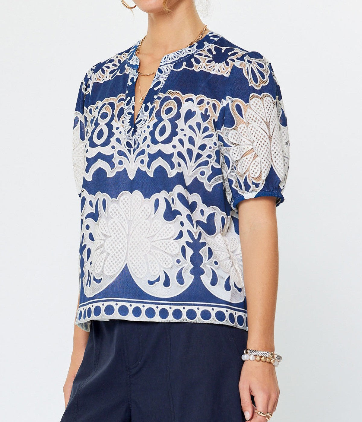 DEEP COBALT/WHITE LACE FLORAL EMBROIDERY SHORT PUFF SLEEVE TOP