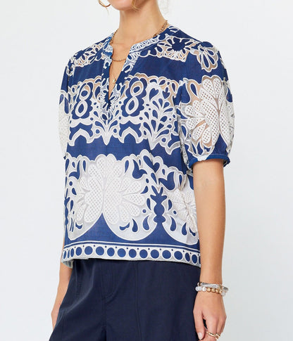 DEEP COBALT/WHITE LACE FLORAL EMBROIDERY SHORT PUFF SLEEVE TOP