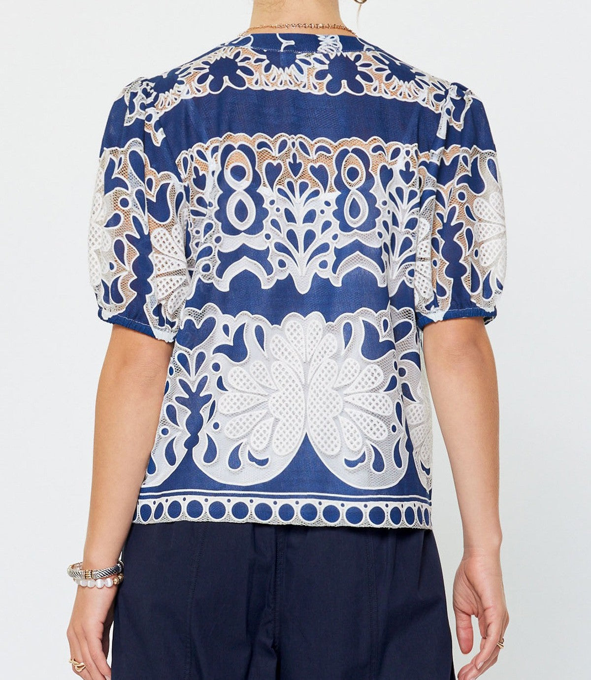 DEEP COBALT/WHITE LACE FLORAL EMBROIDERY SHORT PUFF SLEEVE TOP