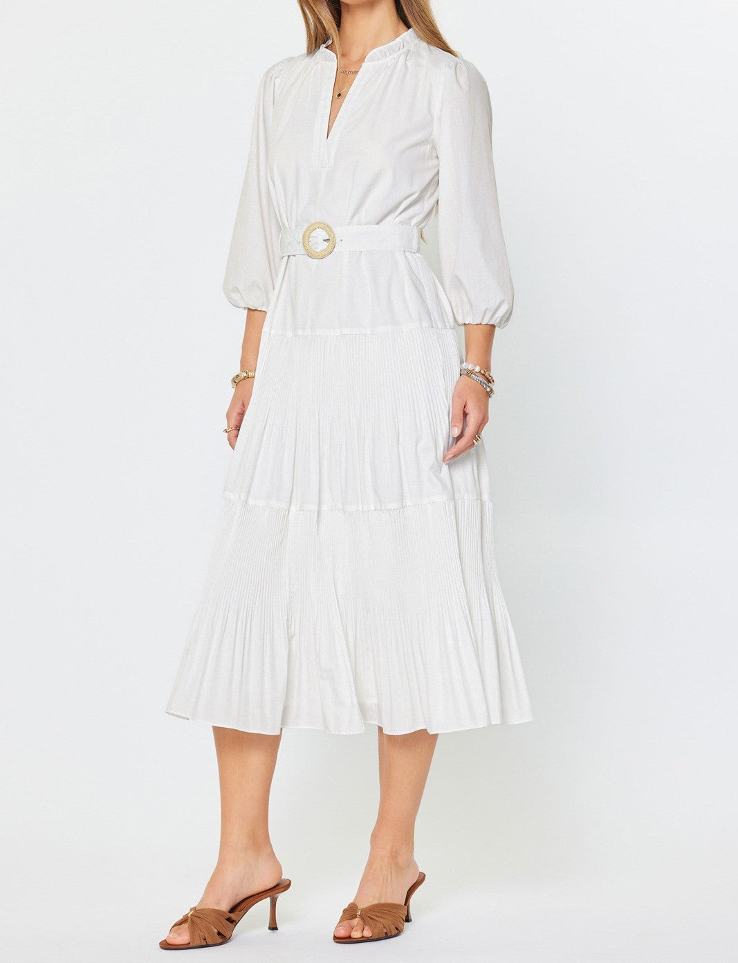 WHITE COTTON POPLIN TIERED PLEATED MIDI DRESS