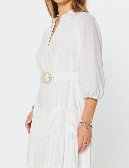 WHITE COTTON POPLIN TIERED PLEATED MIDI DRESS