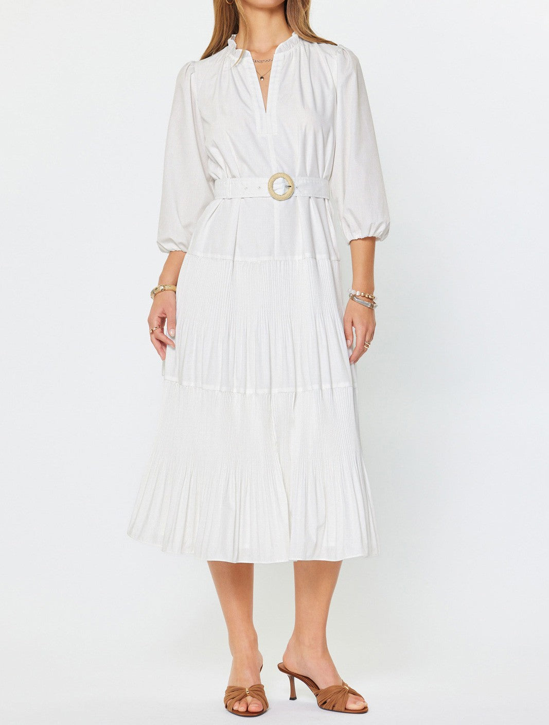 WHITE COTTON POPLIN TIERED PLEATED MIDI DRESS