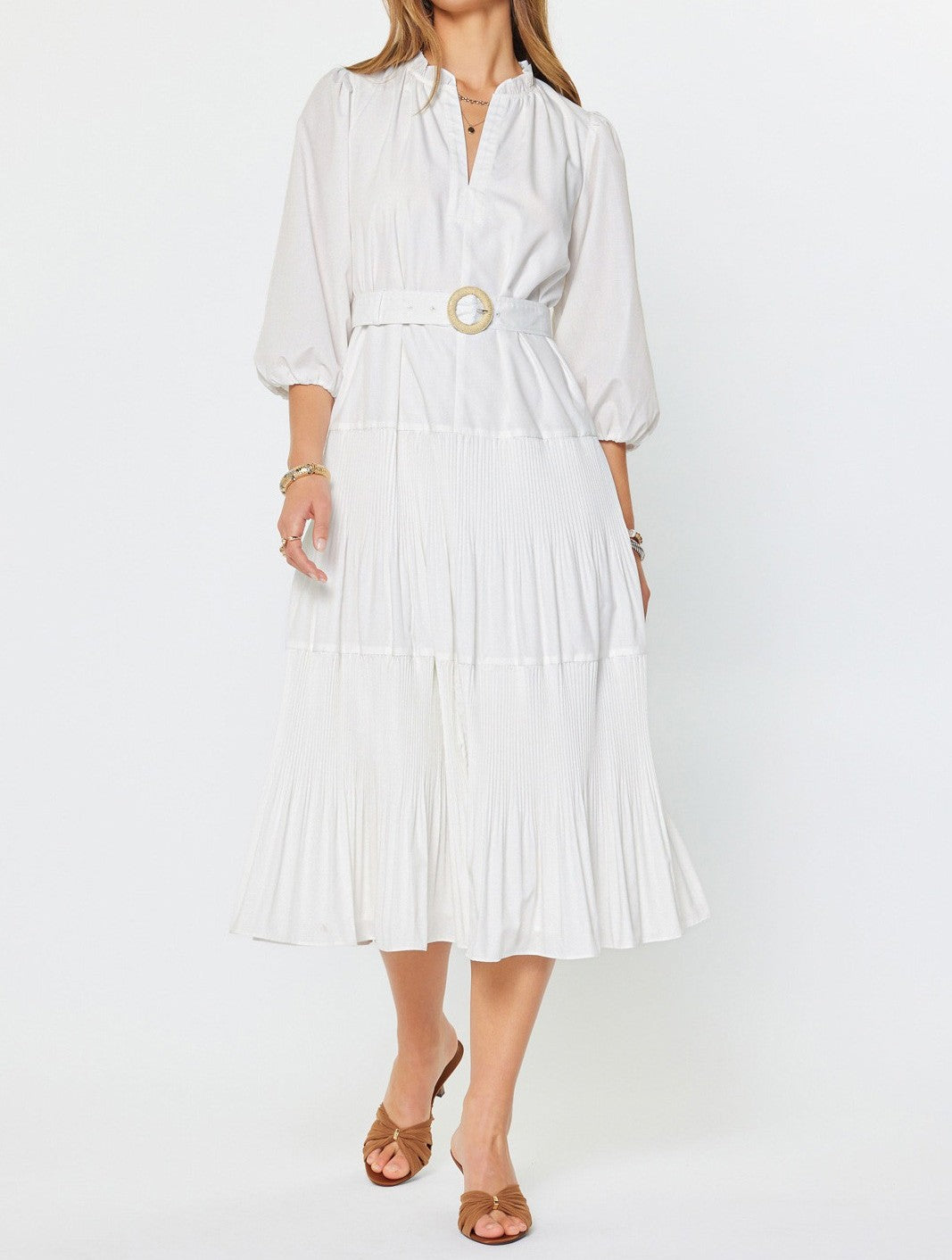 WHITE COTTON POPLIN TIERED PLEATED MIDI DRESS