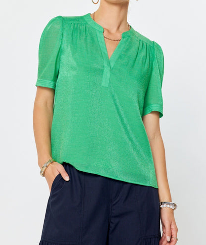 COOL ALOE METALLIC SHEEN GATHERED SHORT PUFF SLEEVE TOP
