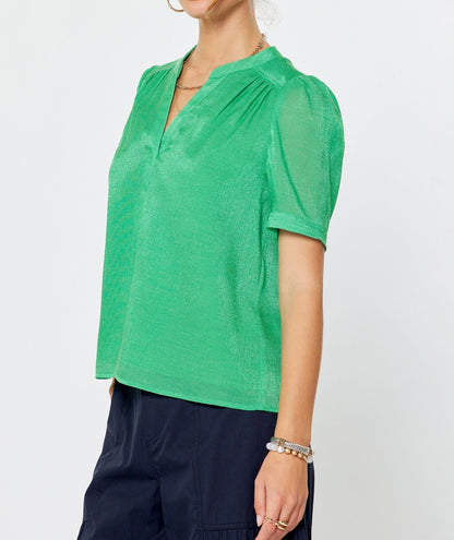 COOL ALOE METALLIC SHEEN GATHERED SHORT PUFF SLEEVE TOP