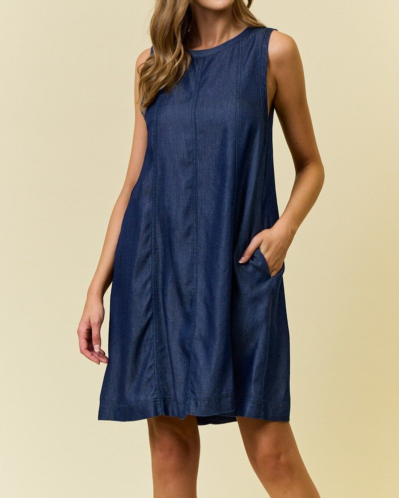 DARK DENIM SCOOP NECK SLEEVELESS FLARED MINI DRESS