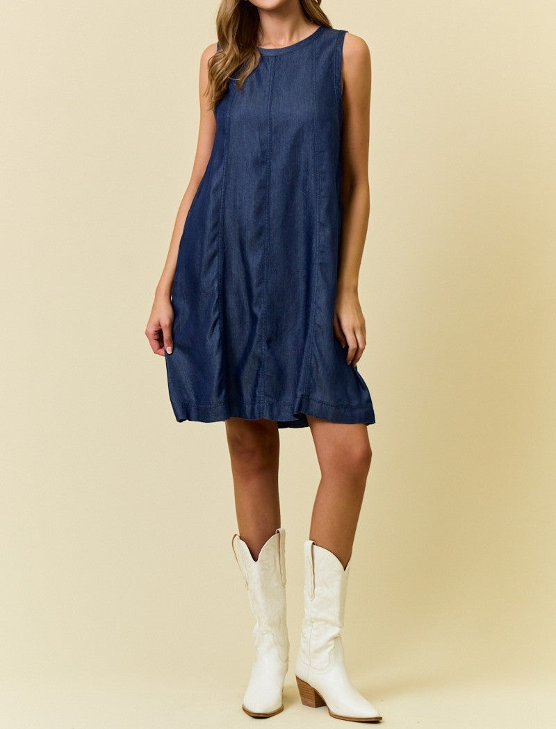 DARK DENIM SCOOP NECK SLEEVELESS FLARED MINI DRESS