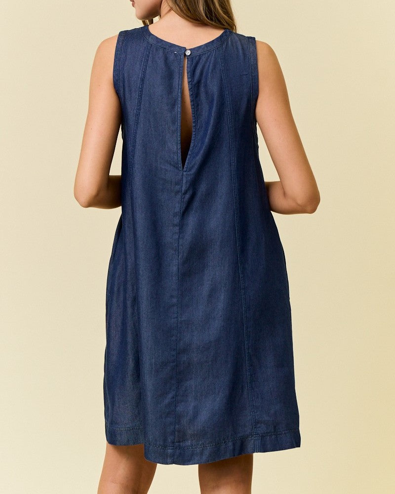 DARK DENIM SCOOP NECK SLEEVELESS FLARED MINI DRESS
