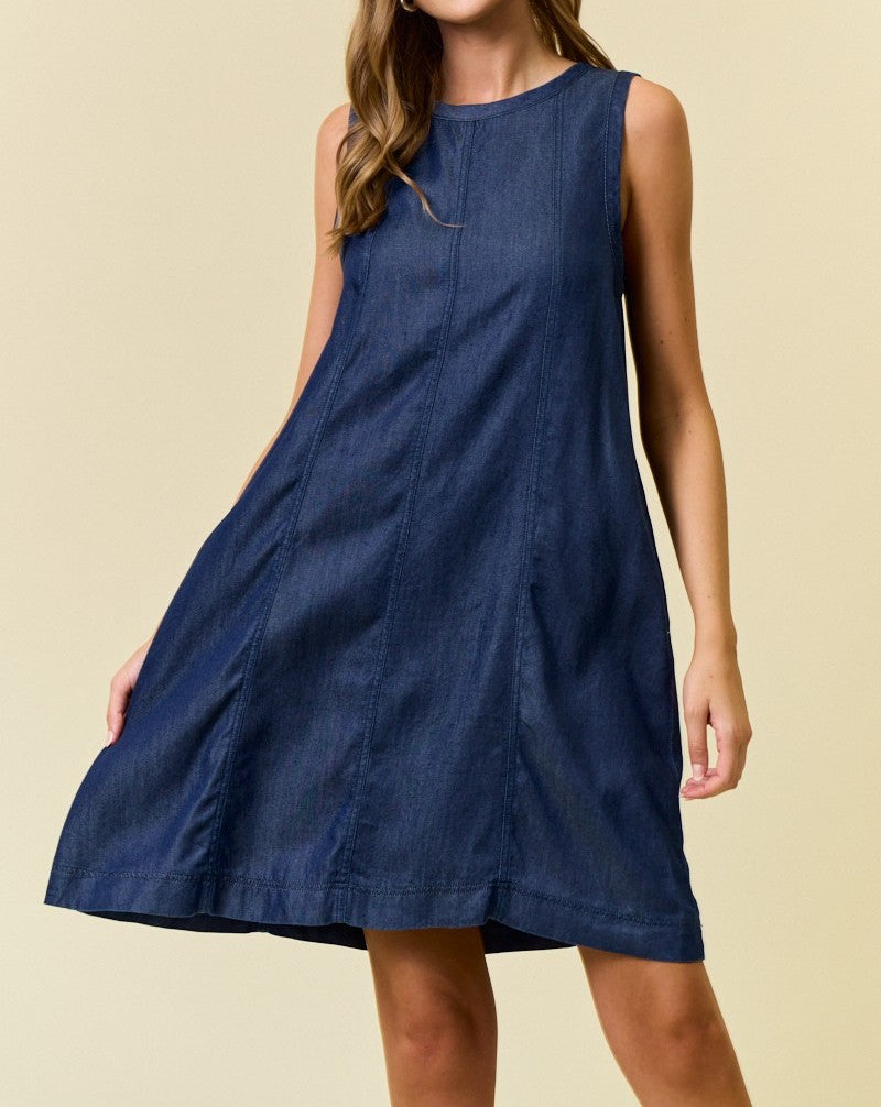 DARK DENIM SCOOP NECK SLEEVELESS FLARED MINI DRESS