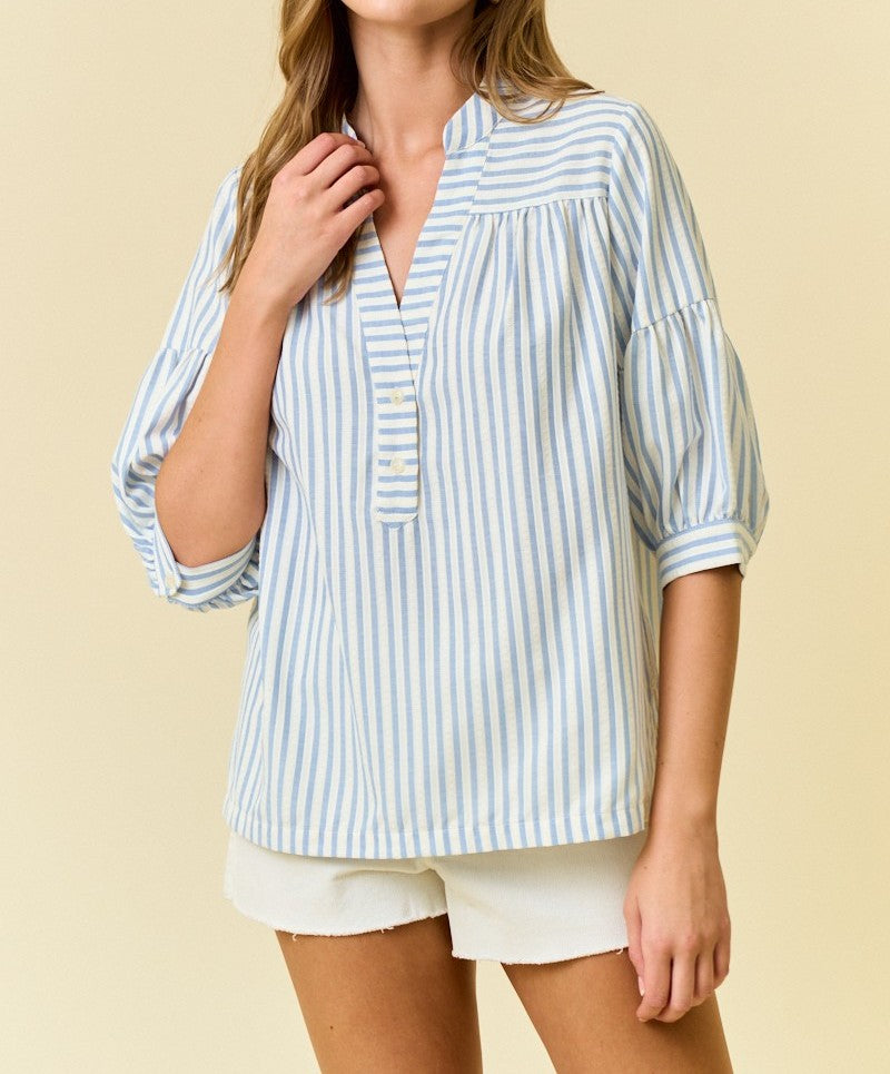 LIGHT BLUE STRIPED SHORT PUFF SLEEVE VNECK PULLOVER TOP