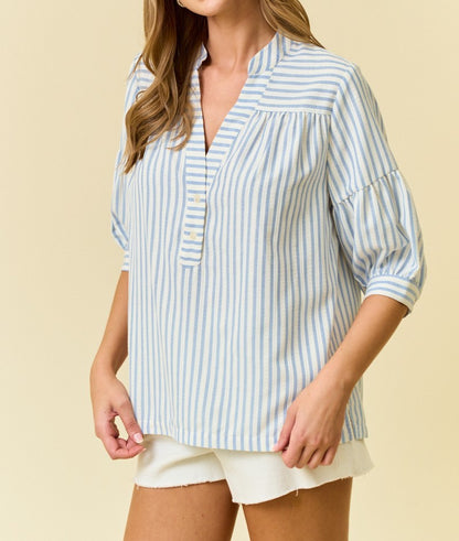 LIGHT BLUE STRIPED SHORT PUFF SLEEVE VNECK PULLOVER TOP