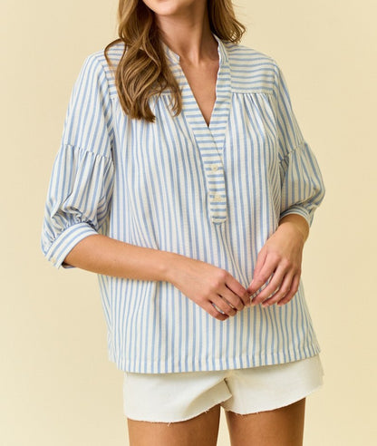 LIGHT BLUE STRIPED SHORT PUFF SLEEVE VNECK PULLOVER TOP