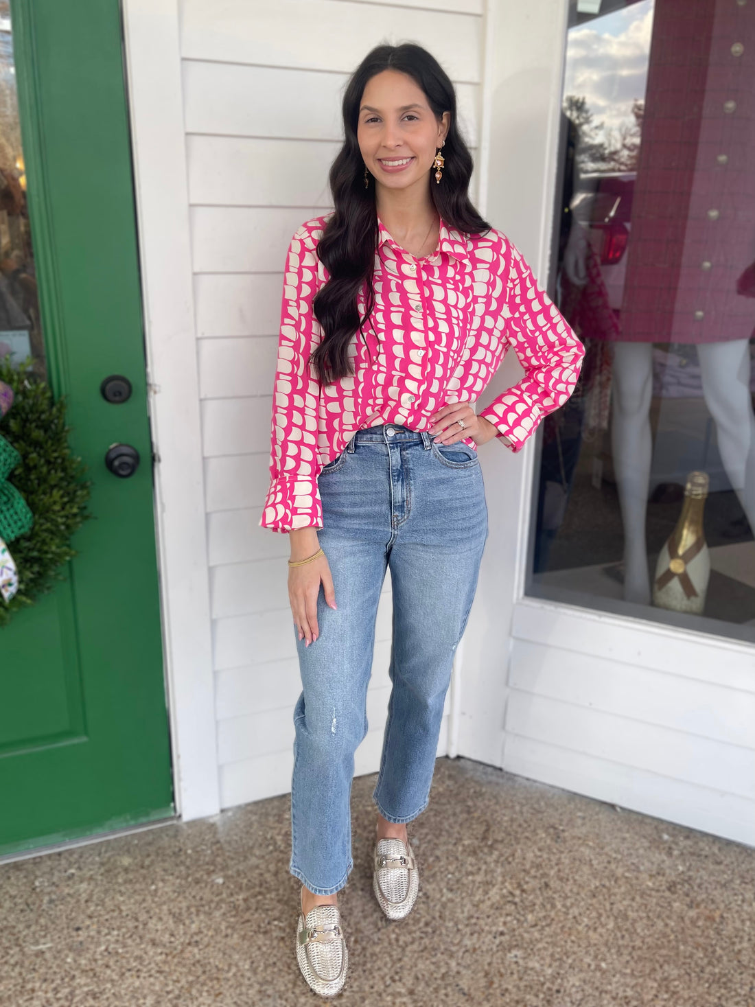 HOT PINK GEOMETRIC PRINT BUTTON DOWN TOP