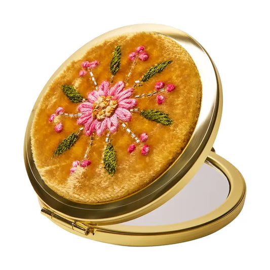 MUSTARD FLOWER VELVET EMBROIDERED COMPACT MIRROR