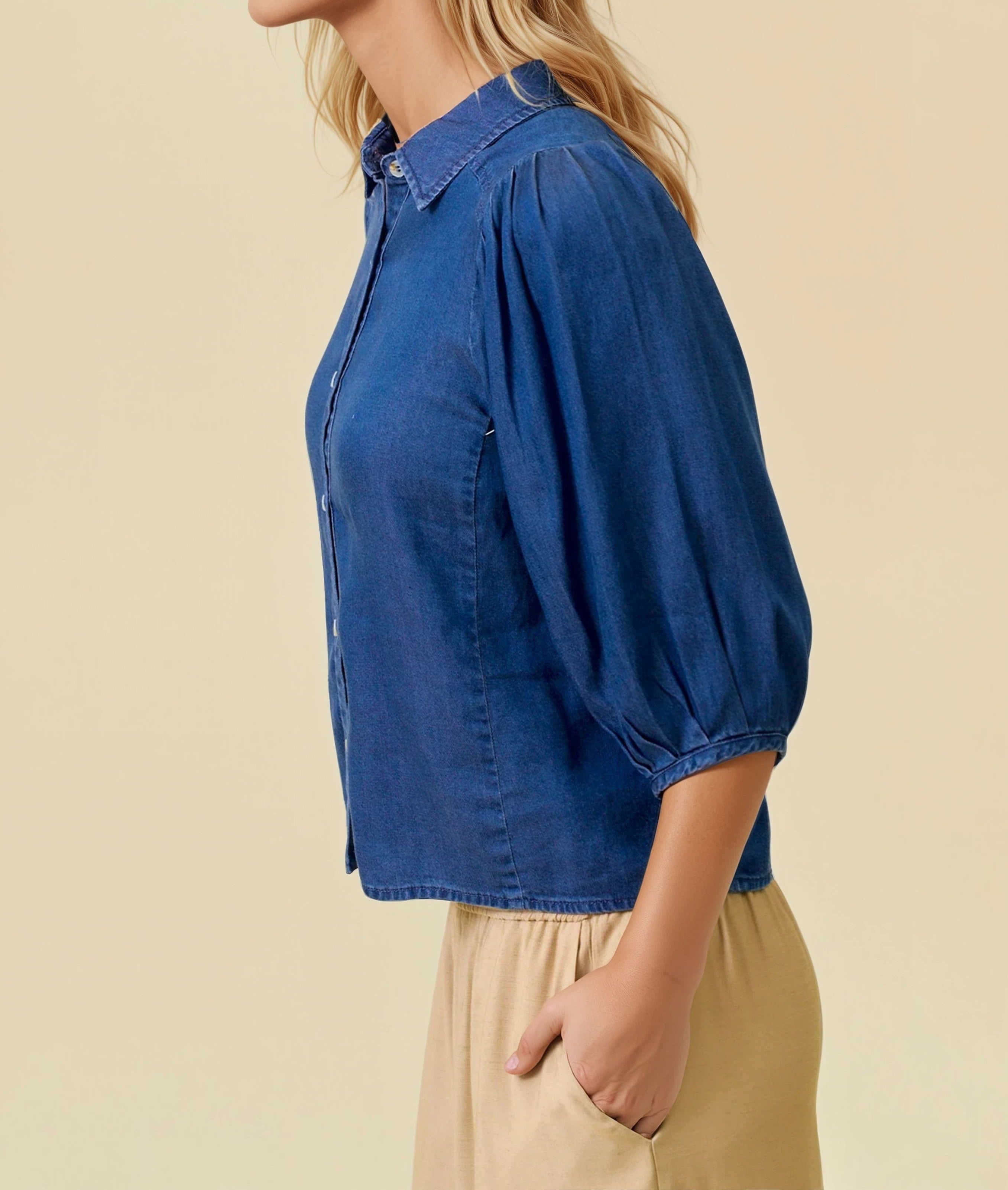 DENIM TENCEL CHAMBRAY SHORT PLEATED PUFF SLEEVE BUTTON UP TOP